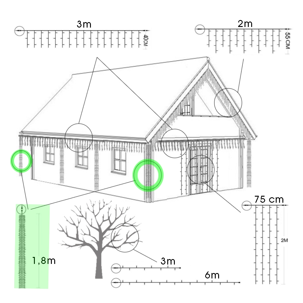 9573 - EXTENSION - Water Fall 120 LEDS (Progressif) - Ht. 1,80 m x 20 cm -  Fil Noir - Blanc Froid 6500°K