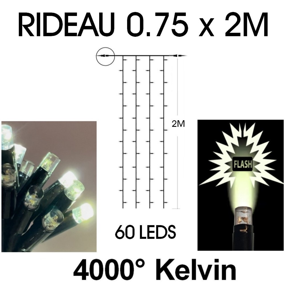9552 - EXTENSION - Rideau long 60 LEDS (Flash) - Larg. 0,75m x Ht 200cm - Fil Noir - Blanc Chaud 4000°K