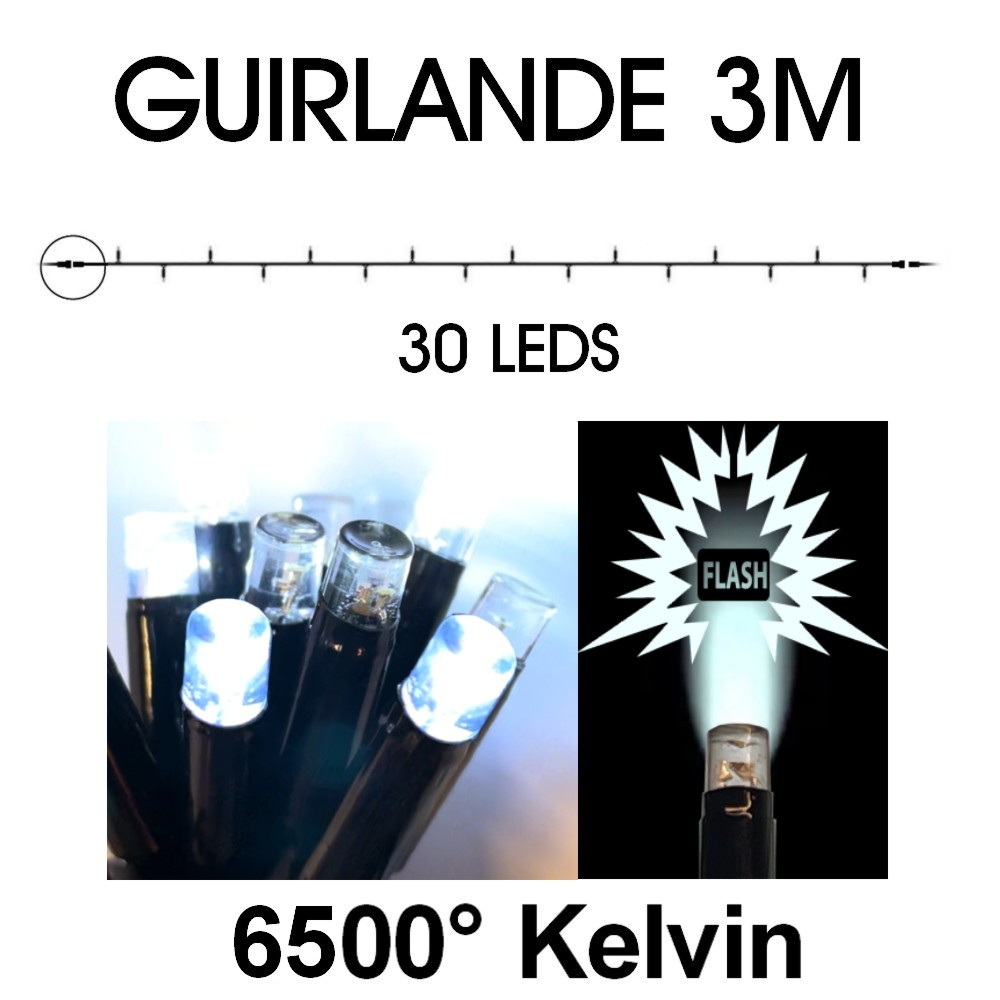 9513 - EXTENSION - Guirlande 30 LEDS (Flash) - 3 m - Fil Noir - Blanc Froid 6500°K