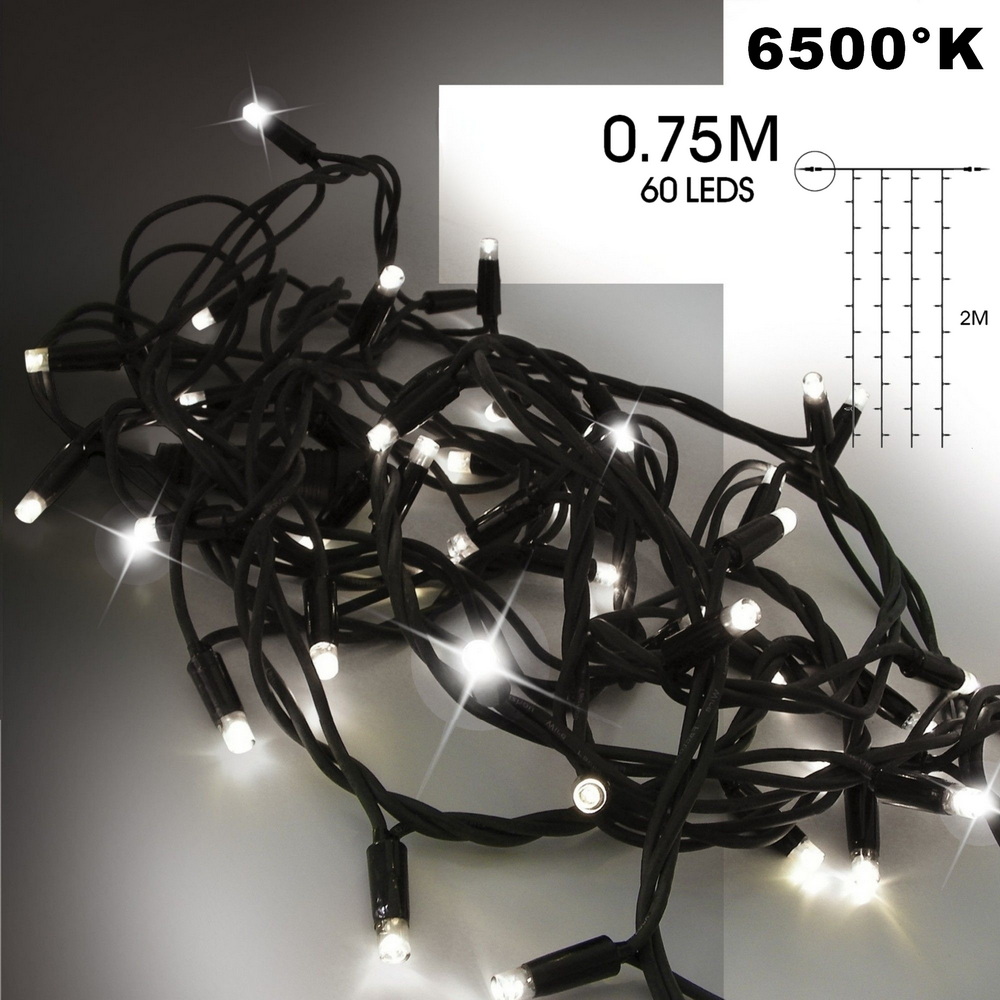 9553 - EXTENSION - Rideau long 60 LEDS (Flash) - Larg. 0,75m x Ht 200cm - Fil Noir - Blanc Froid 6500°K