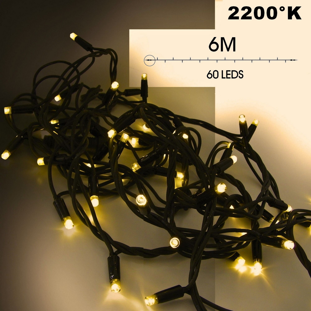 9520 - EXTENSION - Guirlande 60 LEDS (Fixe) - 6 m - Fil Noir - Blanc Chaud 2200°k