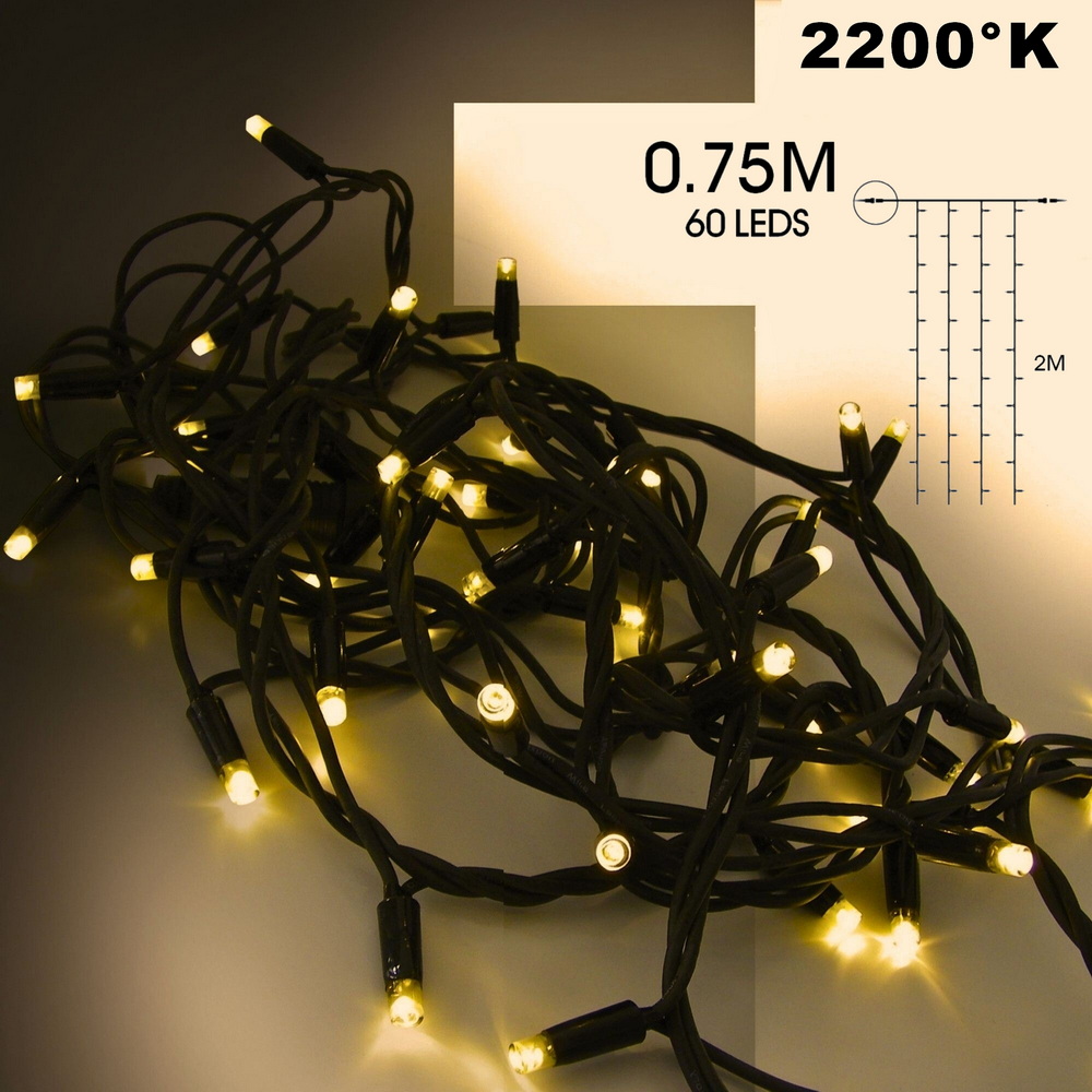 EXTENSION - Rideau long 60 LEDS (fixe) - Larg. 0,75m x Ht 200cm - Fil Noir - Blanc Chaud 2200°K