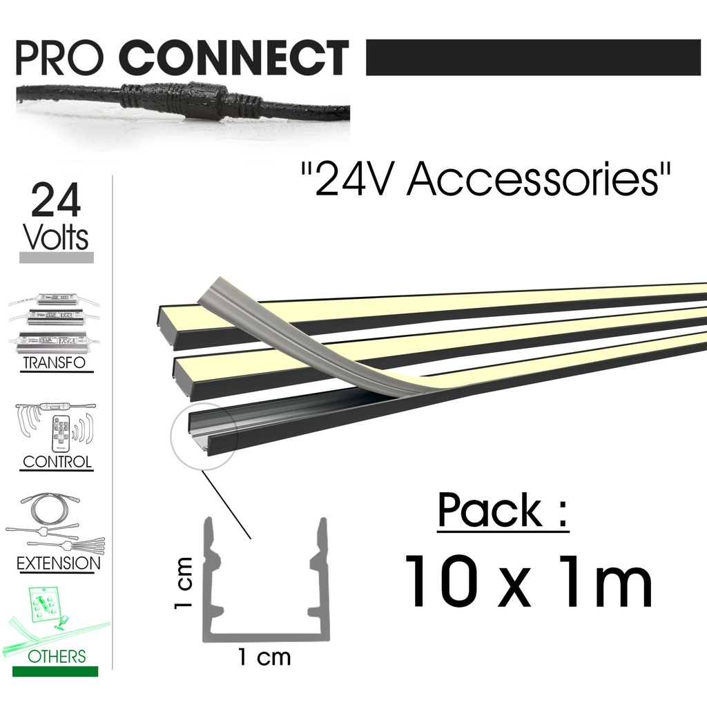 Profil Alu Noir pour Bandeaux Led (10x1m+Jonctions)