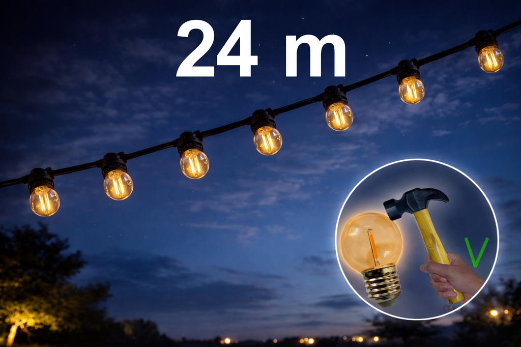 Guirlande 24m TEMPEST (Ampoules Incassables) 48xE27/G45 LED 1W - 1700K