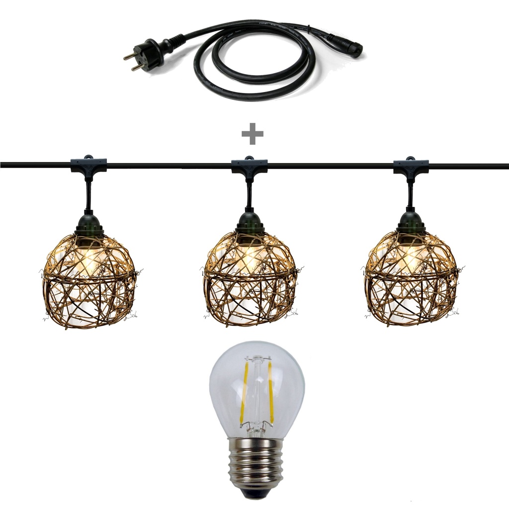 Guirlande 6m ROTIN NATUREL (Ampoules Antic) 8xE27 LED 2W - 1700K