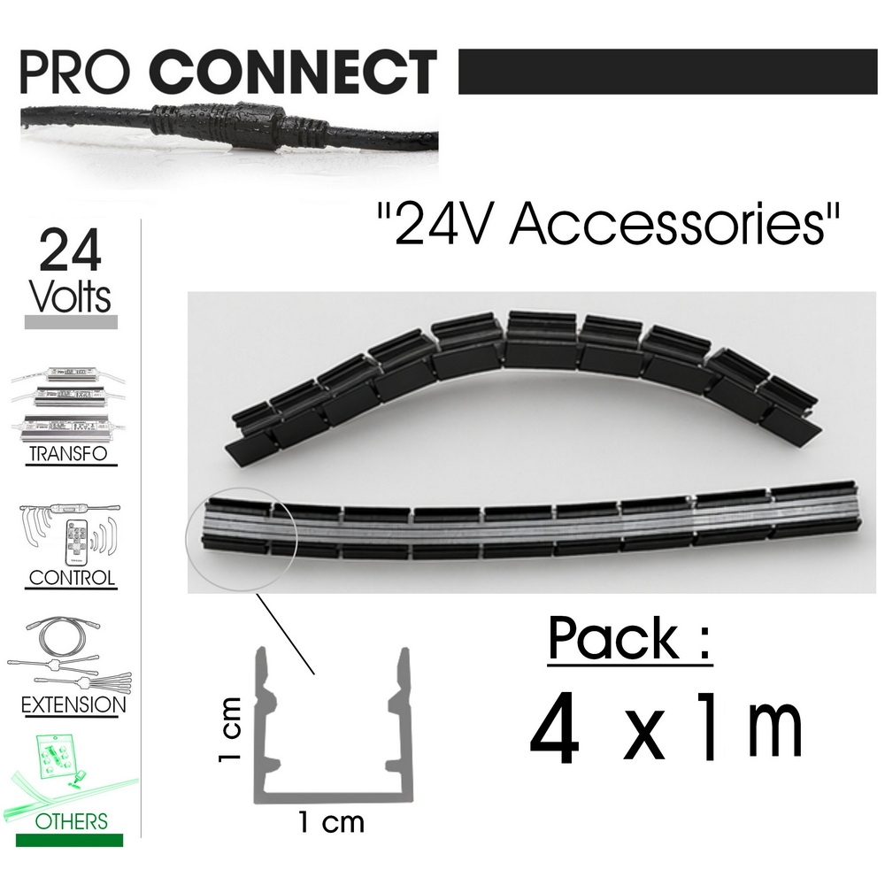 Profil Alu Noir Flex(+&-) pour Bandeaux Led (4x1m+Jonctions)